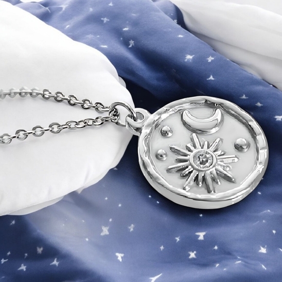 🆕️Celestial Sun & Moon Necklace 18K White Gold Plated Stainless Steel Medallion - Picture 7 of 12